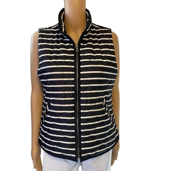GAP Quilted Winter Vest Coat Womens Size S Black White Striped Zip Lined Pocket - Picture 1 of 10